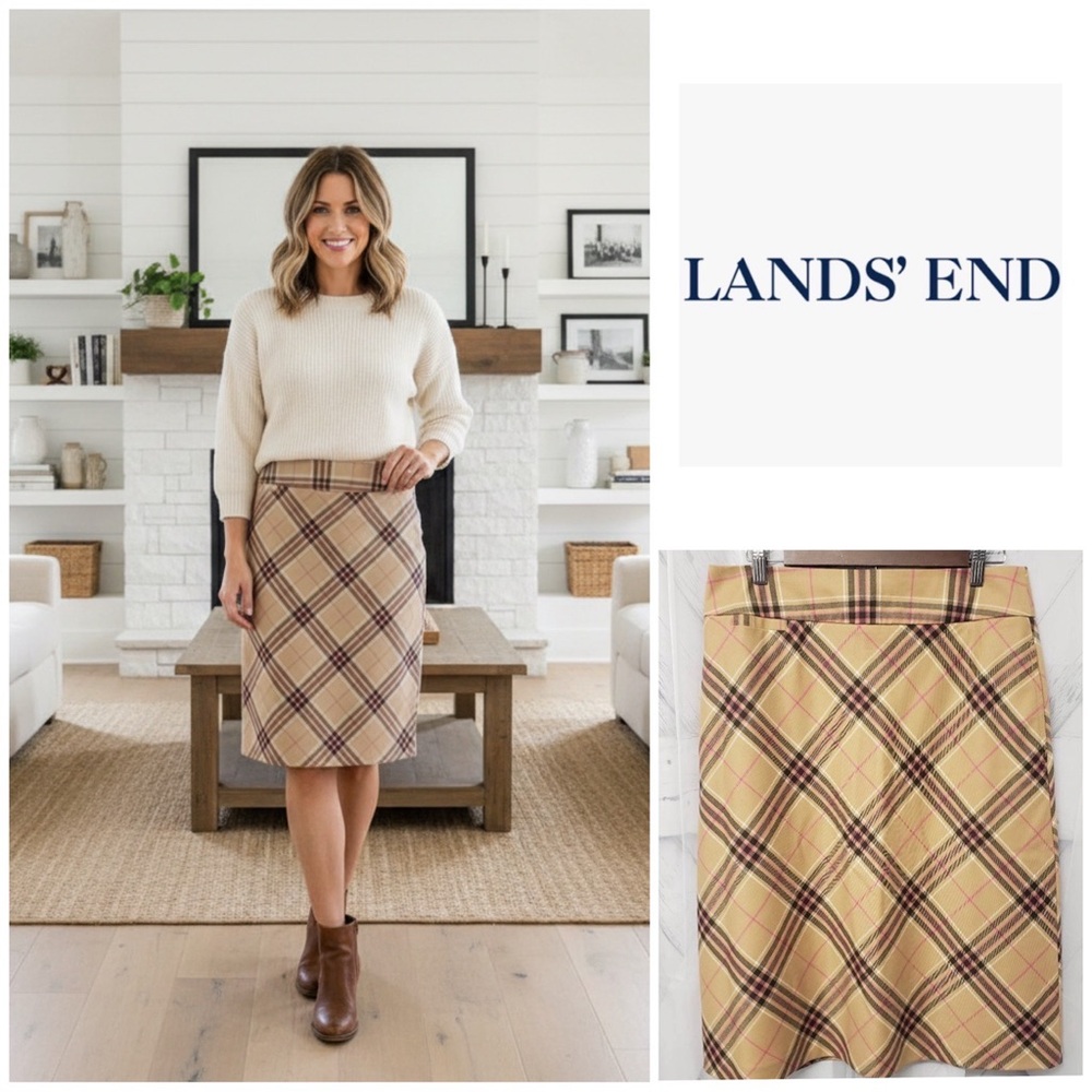 Lands' End Plaid A-Line Skirt - Beige and Pink